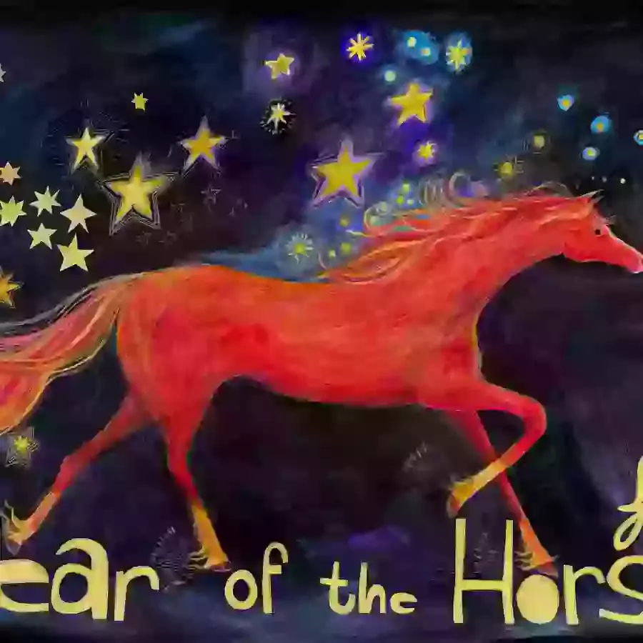 a mixed media illustration of a fire horse, the horse is galloping against a dark background with stars. The words ‘year of the fire horse’ are at the bottom of the illustration 